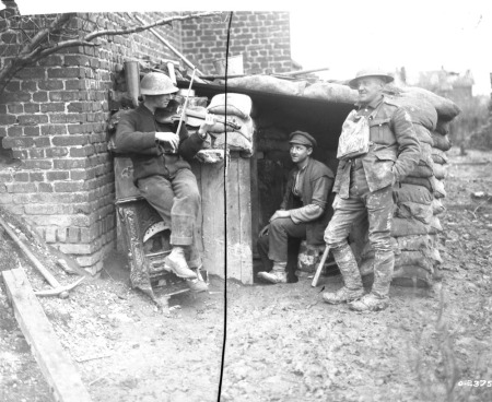 Canadian shares Home Music outside dugout in 1917